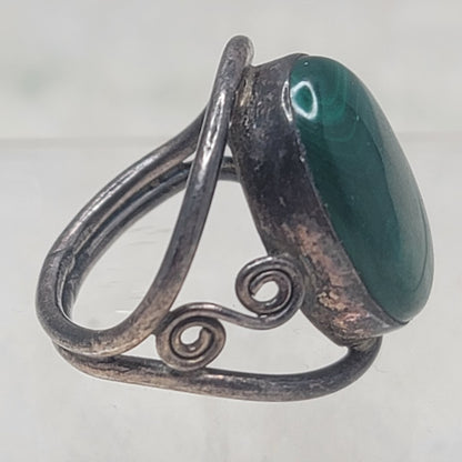 Vintage Sterling Silver Malachite Statement Ring Art Nouveau Swirl Size 9