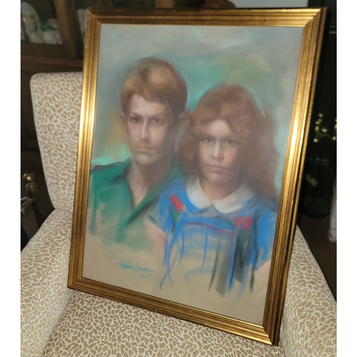 Couple Chalk Pastel painting Vintage LARGE framed glass 20x16 Anthony