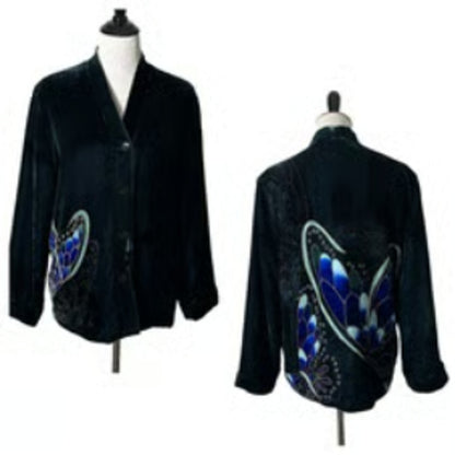 Vintage Chicos BOHO Emerald Green Butterfly Velvet Button Front Jacket 2 LARGE