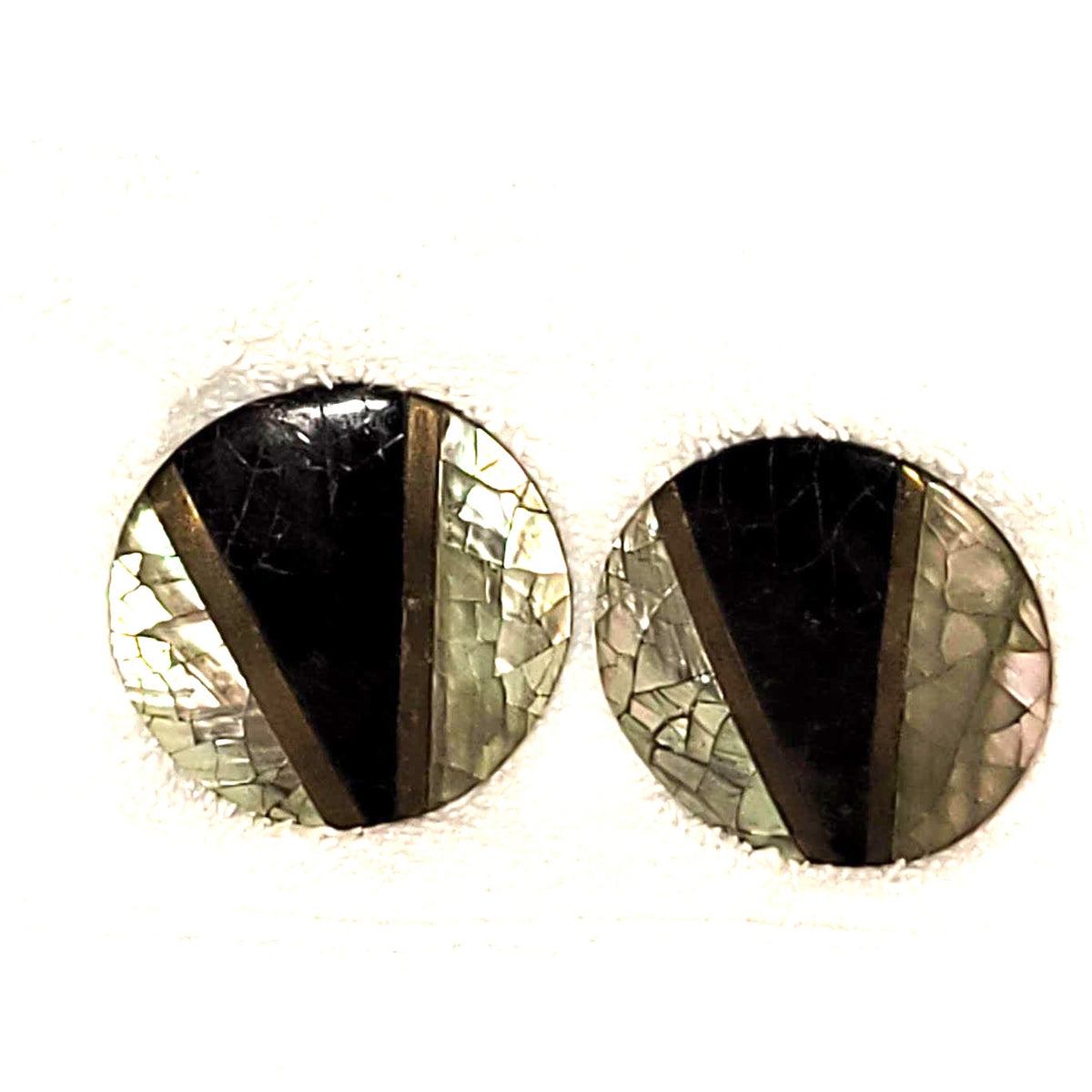Vintage 1970s geometric clip on earrings Black Gold Abalone Crackle Round Metal