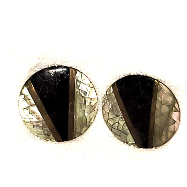 Vintage 1970s geometric clip on earrings Black Gold Abalone Crackle Round Metal