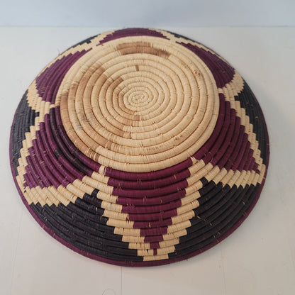 Handmade Woven Grass Coil Basket African Folk Art Bowl Wall BURGUNDY 14" x 3.5"