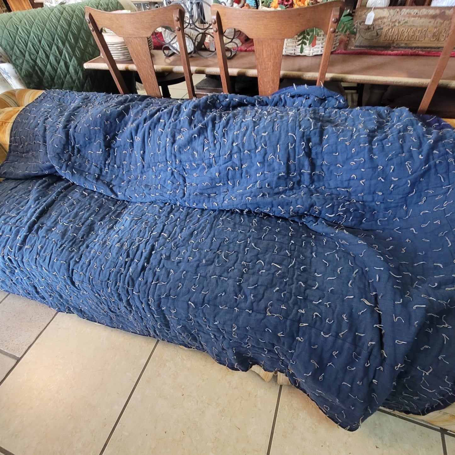 Handmade heavy quilt two tone Blue handtied string 76" x 68" Full size Patchwork
