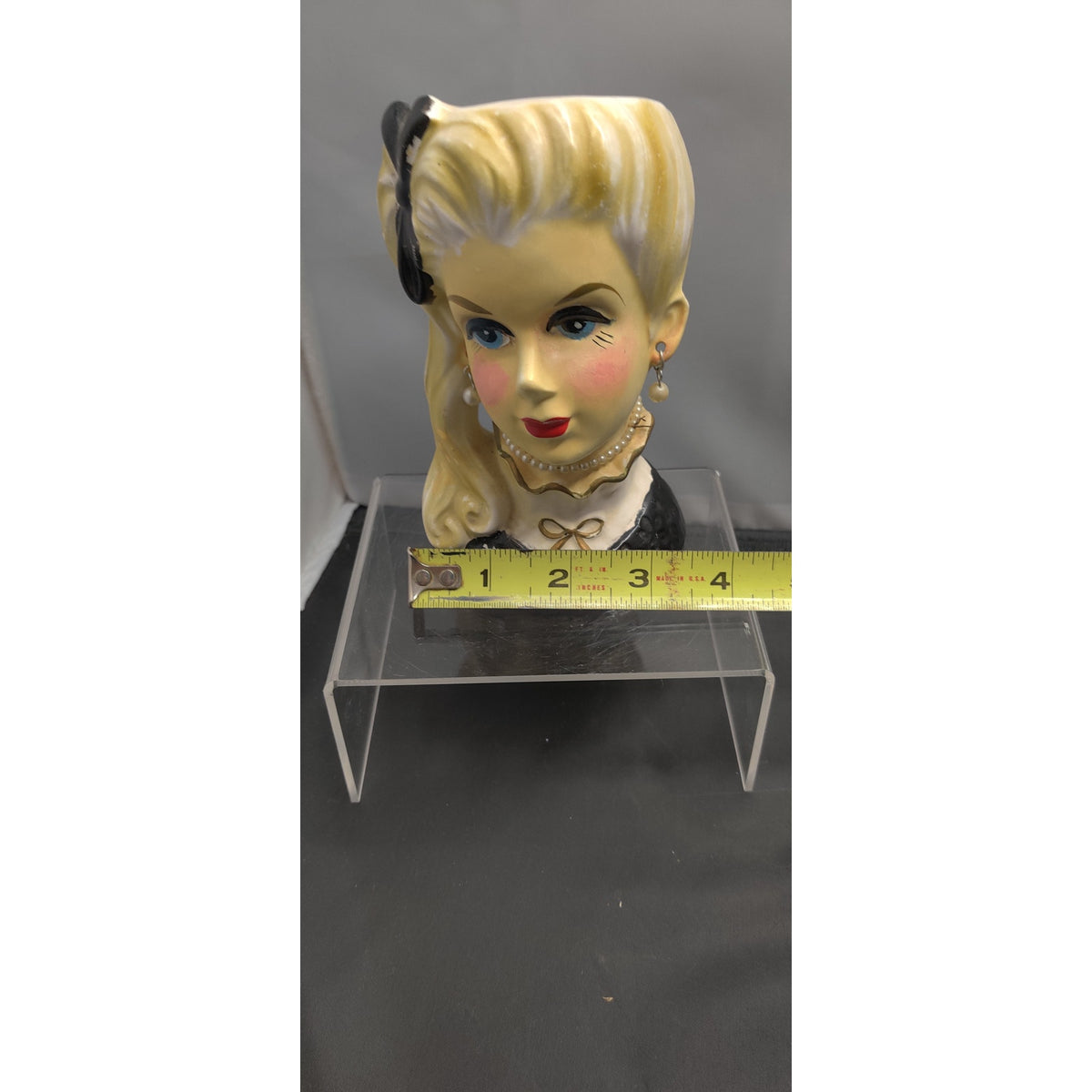 Retro MCM Kitsch Planter Blonde Lady Headvase Black Bow Glam Side Pony Vase