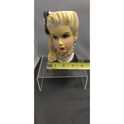Retro MCM Kitsch Planter Blonde Lady Headvase Black Bow Glam Side Pony Vase