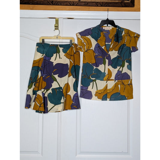 Marni 2 pc. Skirt Blouse to Set Brown Purple Floral Rolled Edges Pocket Medium