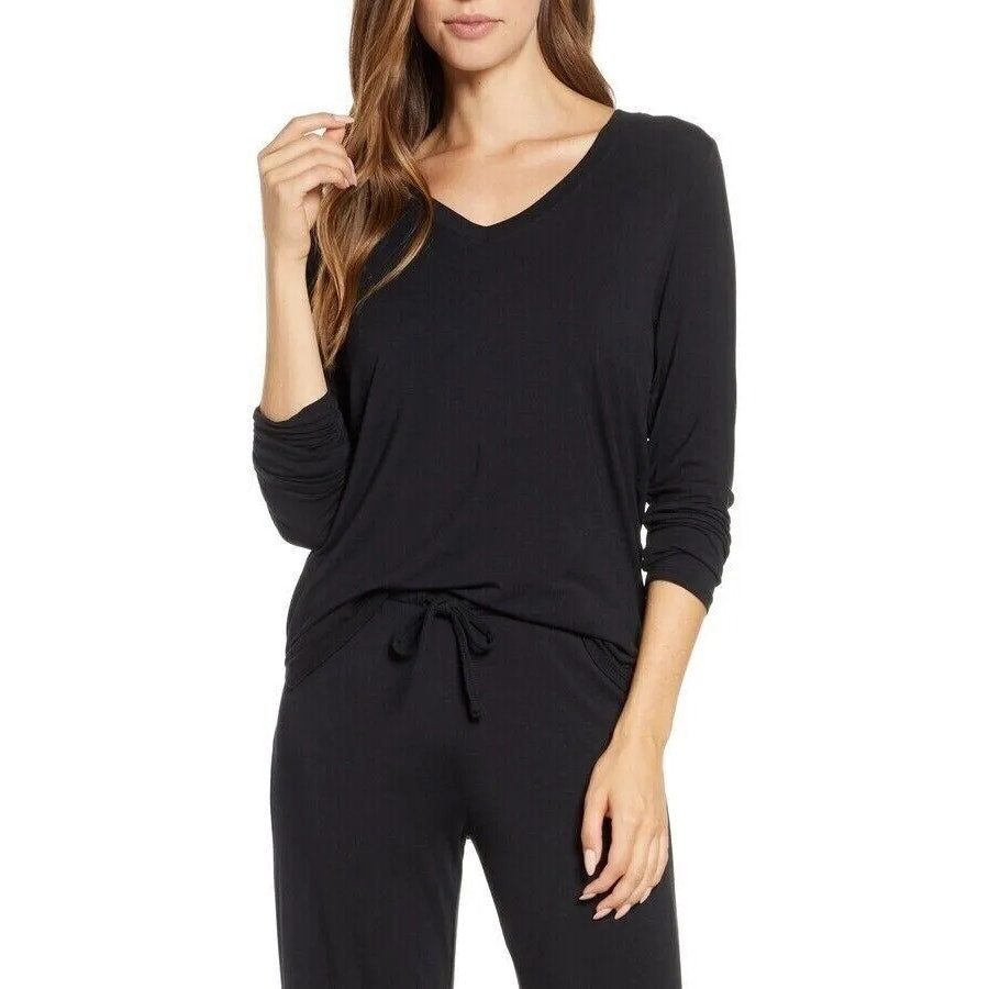 Nordstrom V-Neck Stretch Long Sleeve Pullover Top Size Small in Black NWT