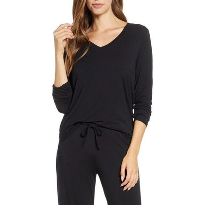 Nordstrom V-Neck Stretch Long Sleeve Pullover Top Size Small in Black NWT