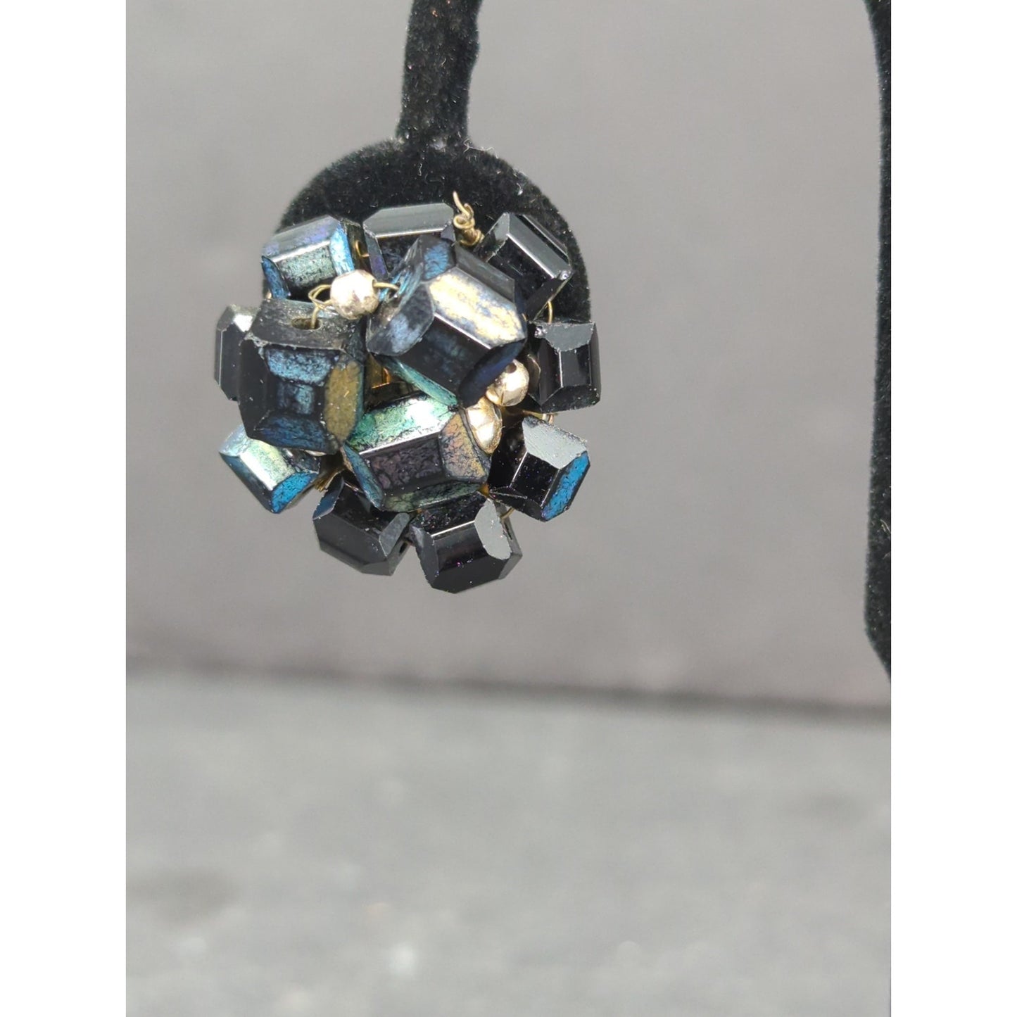 Vintage Iridescent Crystal Bead Cluster Clip On Earrings Retro Disco 1960s