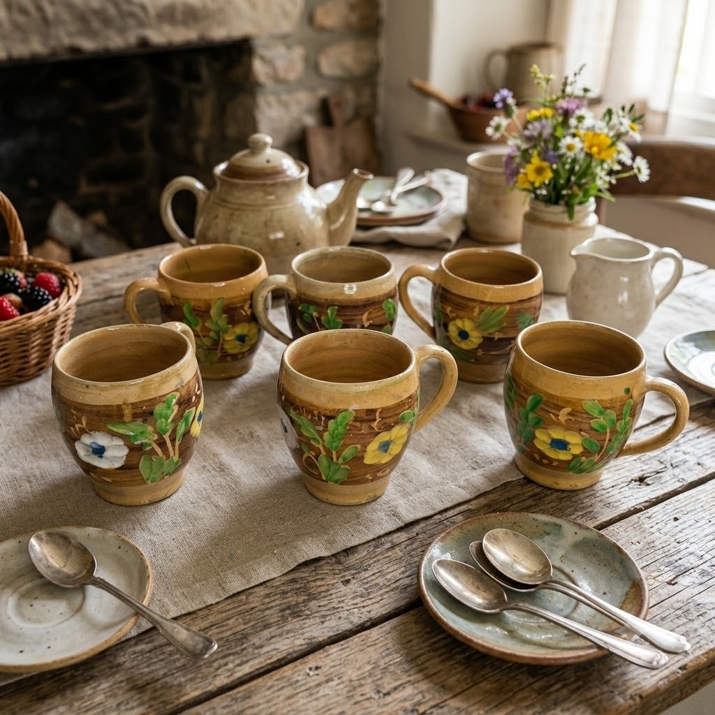 Set of 6 Primitive folk VINTAGE hand painted art pottery mug cup encised flowers