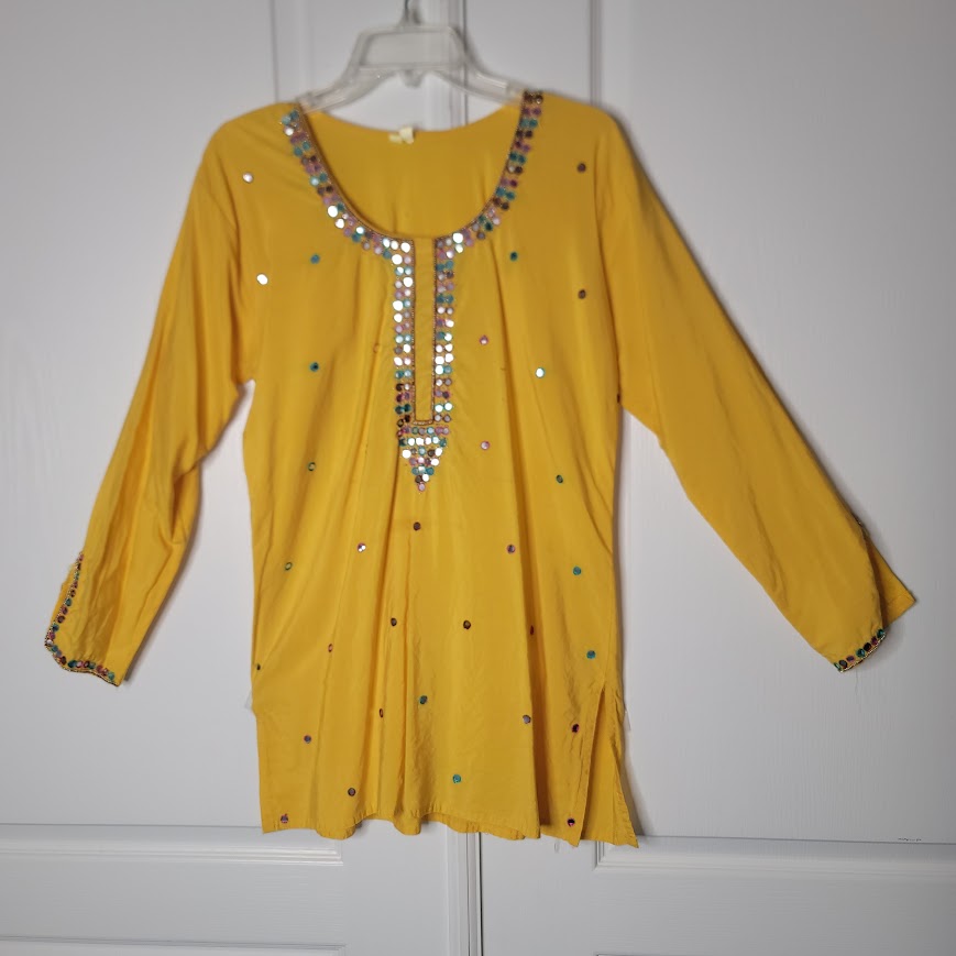 Fabindia Yellow Embroidered Long Sleeve Tunic Top Beaded Embellishments Large