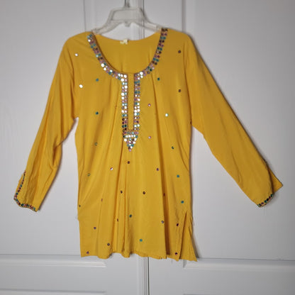 Fabindia Yellow Embroidered Long Sleeve Tunic Top Beaded Embellishments Large
