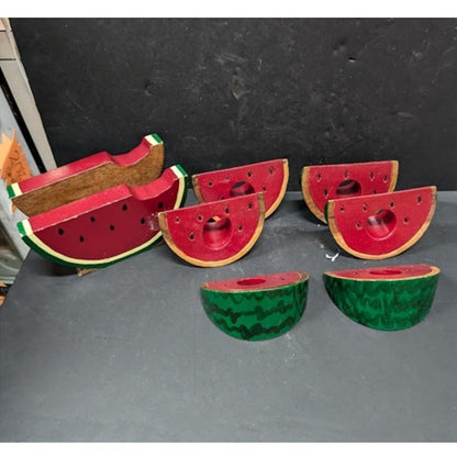 Vintage Painted Watermelon wood Napkin Holder (6) Napkin Ring Set 7pc. KITSCHY