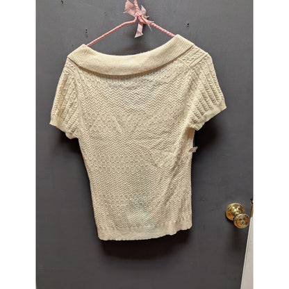Trina Turk Cream Ribbed 100% CASHMERE Short Sleeve Pullover Sweater  Sequins
