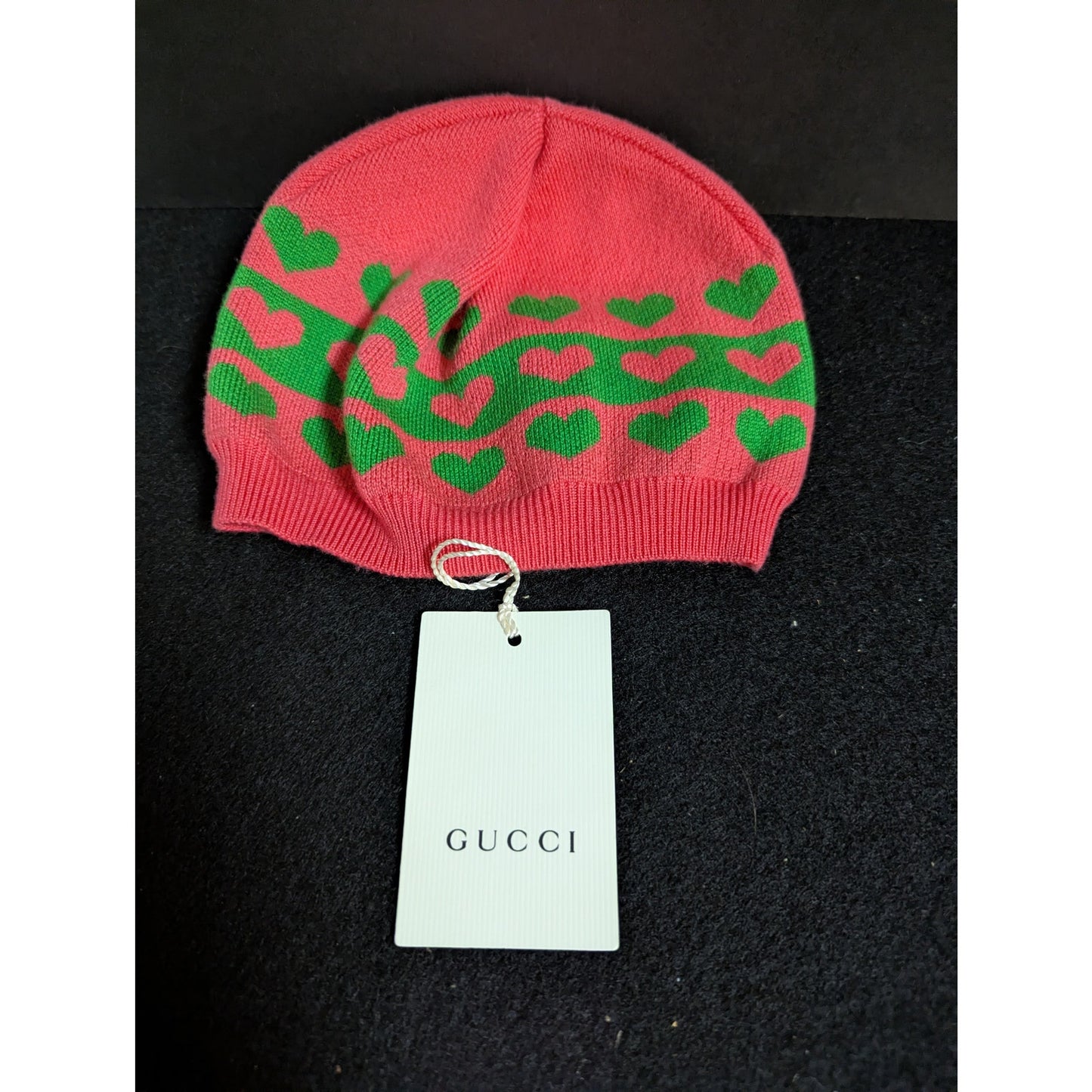 Gucci Baby Beanie Hat Pink Green Knit Heart Monogram Pattern NWT Large Luxury