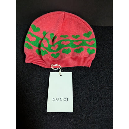 Gucci Baby Beanie Hat Pink Green Knit Heart Monogram Pattern NWT Large Luxury