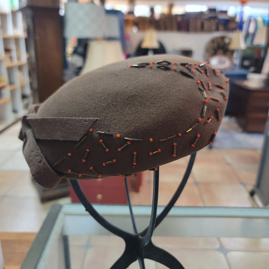 Vintage 1950's Ferncraft large felt wool Brown Coral beads hat caputlet