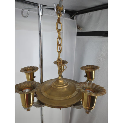 Vintage 5-Arm Two-Tone Brass & Chrome Chandelier Tulip Shades Hollywood Regency