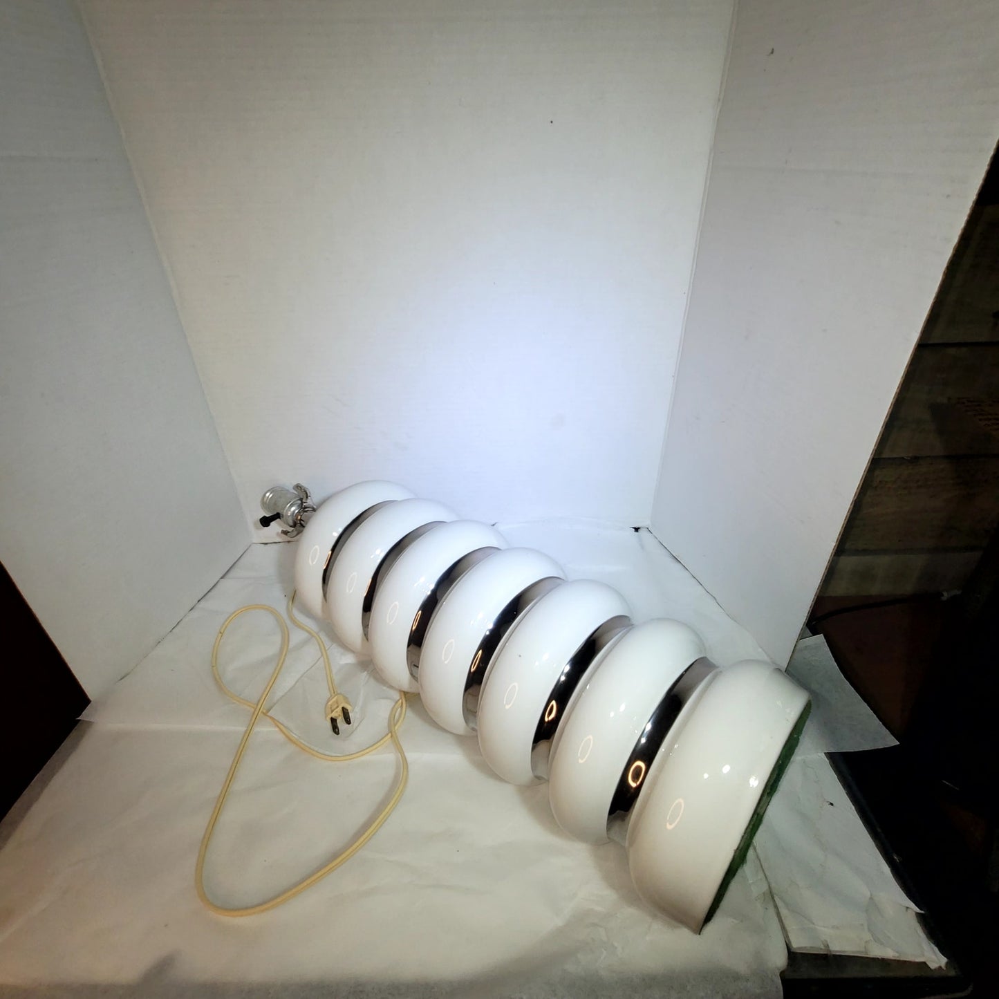 1960s MCM French Moderne White Silver Ring Round stacked lamp 22" x 6"