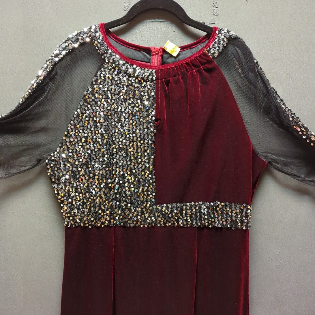 Burgundy and black velvet sheer glitzy cocktail wiggle Size XL dress