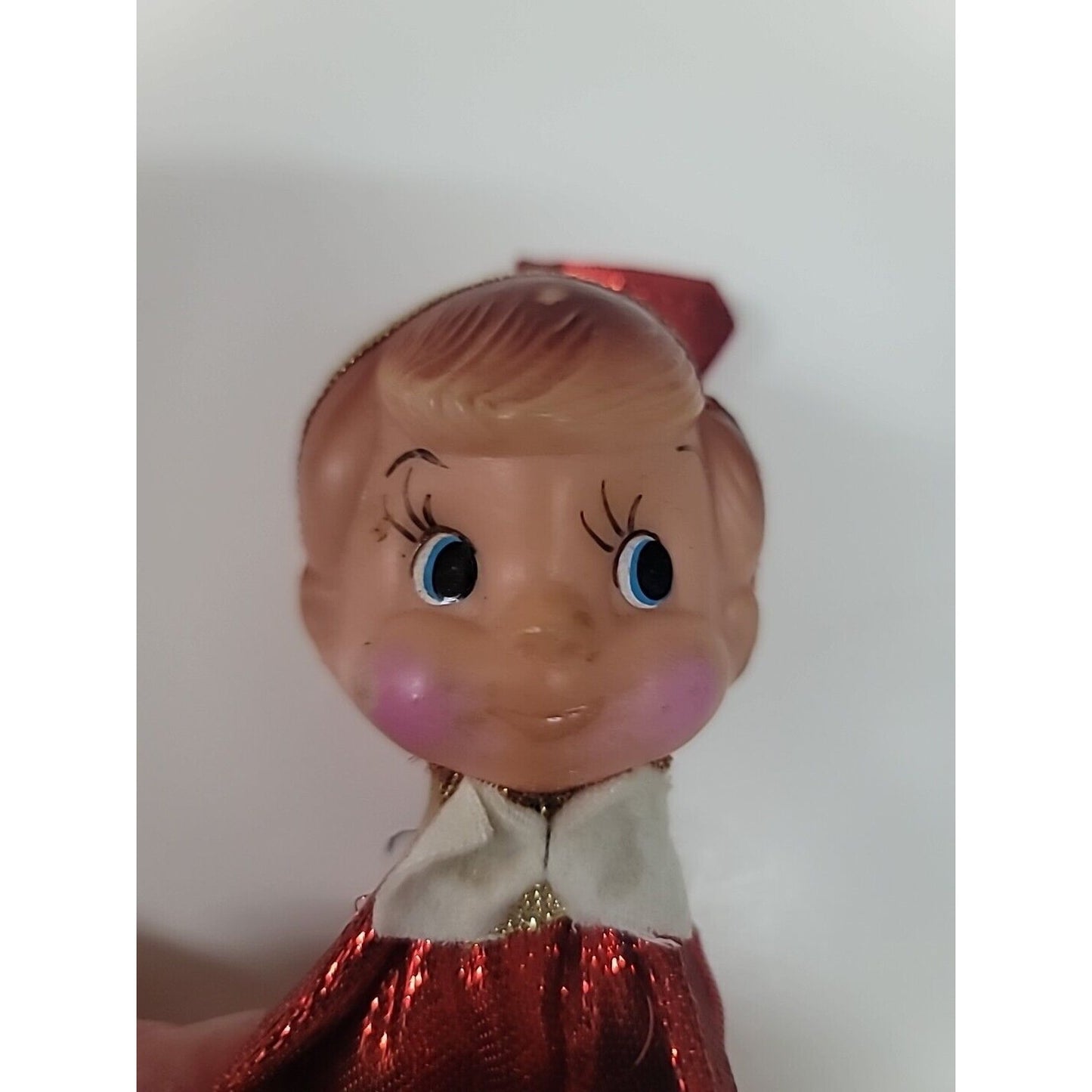Vintage SMILING Kneehugger Red Gold Metallic Christmas Sitting Elf Ornament