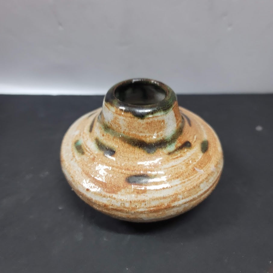 Mini Handmade thrown clay vase golds greens 4" wide signed