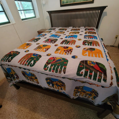 Blue Orange elephant tye dye Hand sewn queen full blanket coverlet lightweight