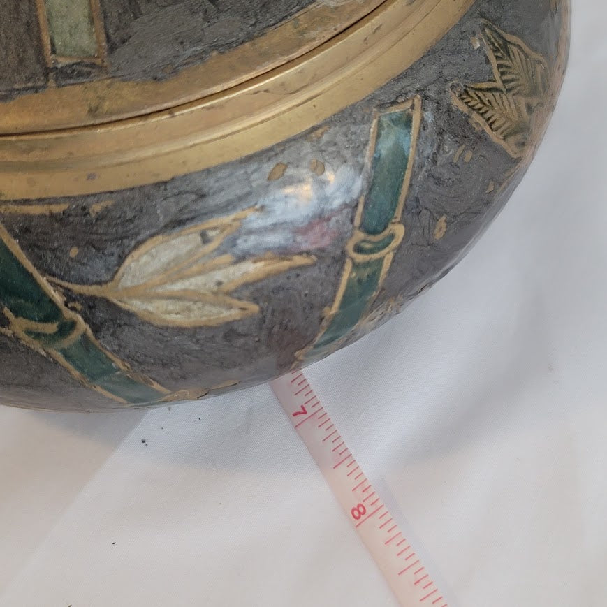 Vintage Jewelry Asian Bamboo Cloisonné Round Brass Trinket Lidded Powder Box