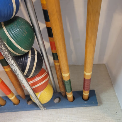 Vintage Wooden Croquet Set with Blue Storage Stand Lawn Classic Game