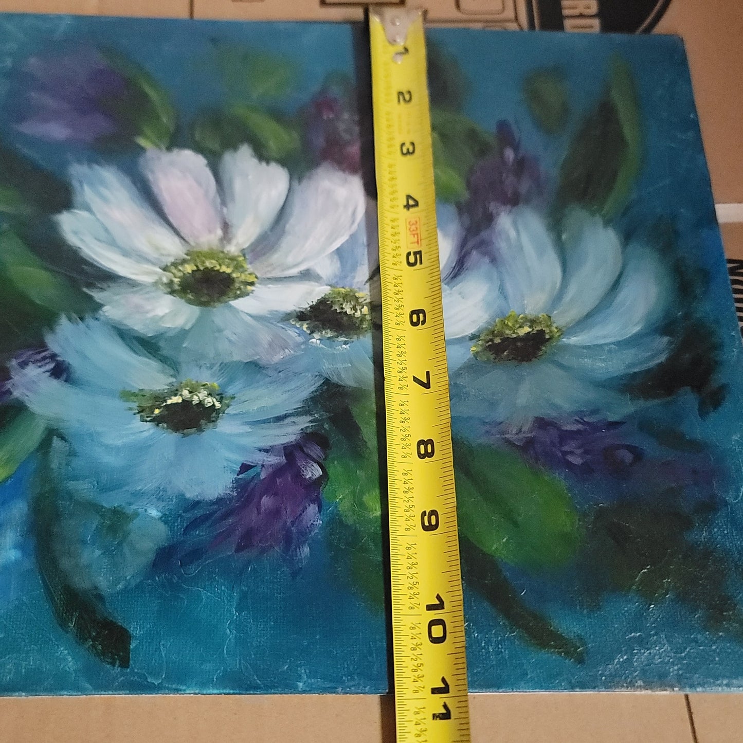Painting Floral 14" x 11" Unframed Signed blue White Purple Daisies Daisy Board