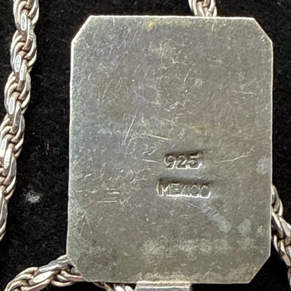 Mexican Sterling Silver Mother of Pearl Rectangular Pendant Necklace Rope Chain