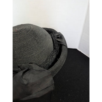 Vintage 50s Black Straw Breton Roller Hat Large Grosgrain Bow Rockabilly Church