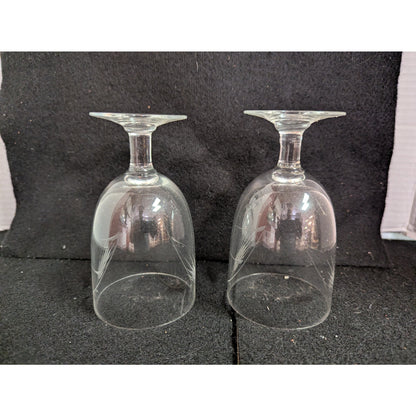 Vintage Etched Wheat Crystal Stemmed Goblets / Wine Glasses - Pair