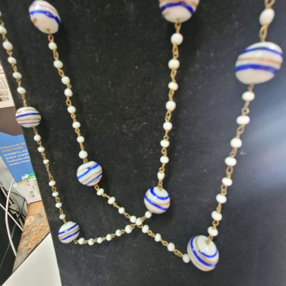 Vintage Single Strand Necklace Large Glass Beads with small 26" long Blue Gold