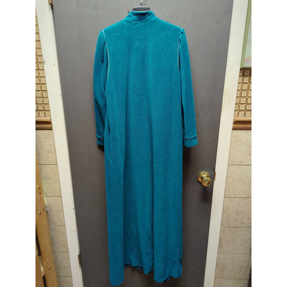 Vintage Vanity Fair Teal Fleece Lounge Robe Embroidered Floral Long Sleeve Small