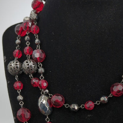 Vintage Fashion Necklace Triple-Strand Ruby Red Faceted Glass & Filigree 30"