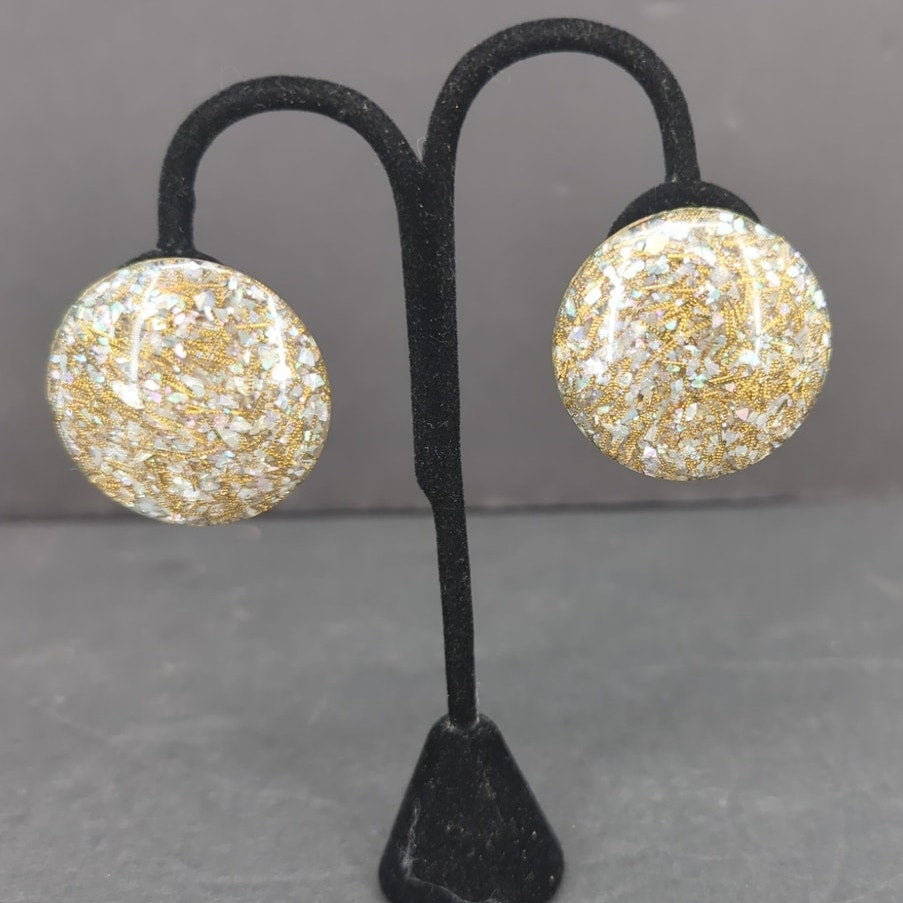 Vintage Clear Lucite Gold Speckle Confetti Dome Button Clip On Earrings Retro