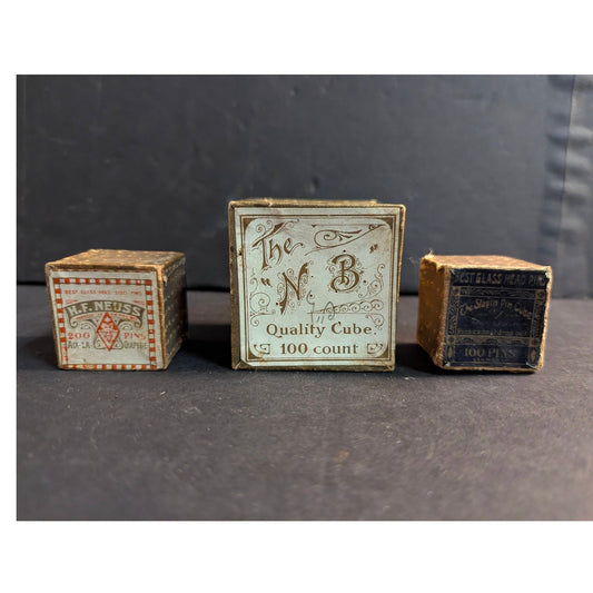 Vintage Neuss Brothers Glass Head Pins Cube Boxes Lot Antique Sewing Ephemera