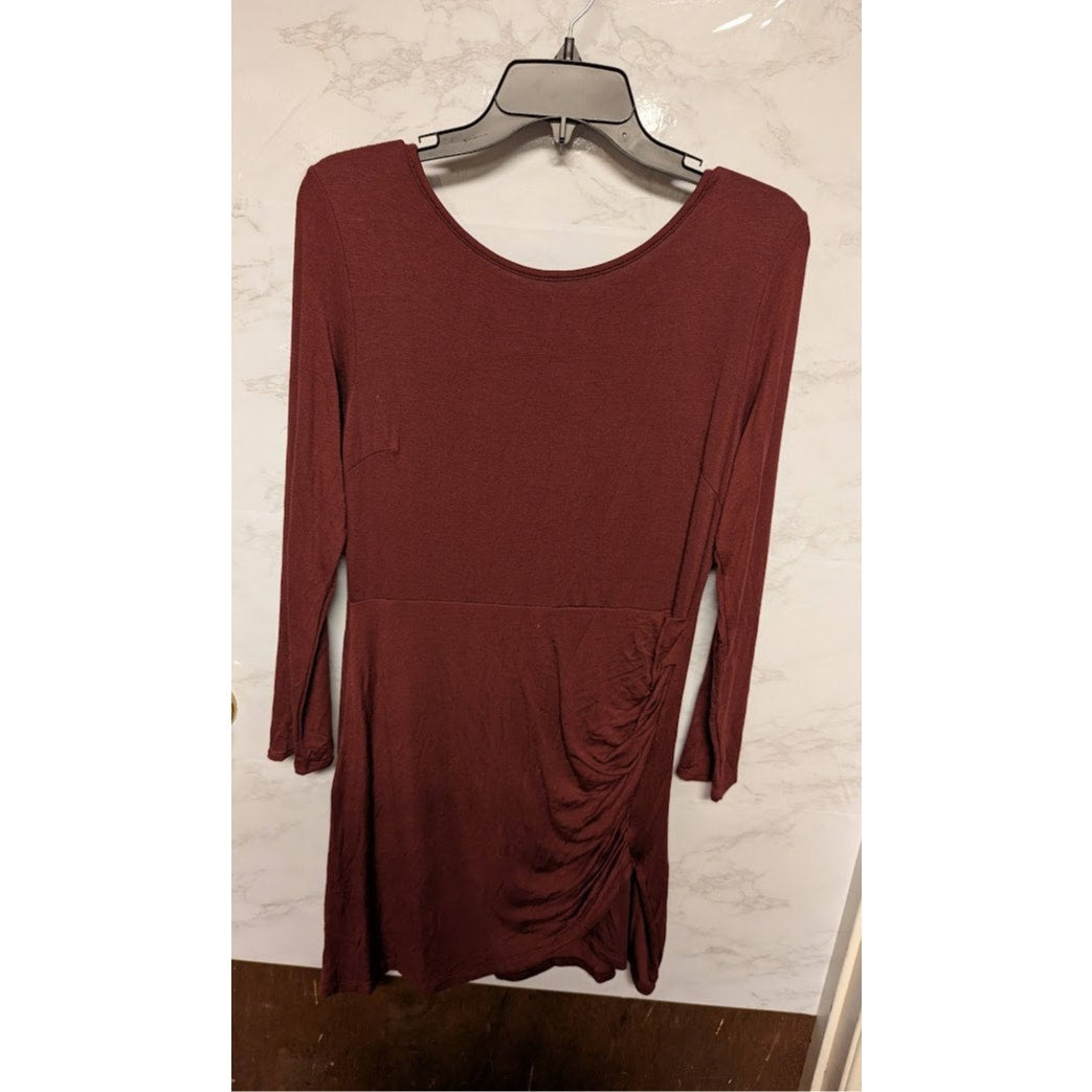 Fraiche by J NEW$88 Size Large Dark Red Garnet ruched side Dress long sleeve