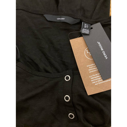 Vero Moda Women's Scoop Neck Top Large Black NWT Silver Snaps Semi Sheer