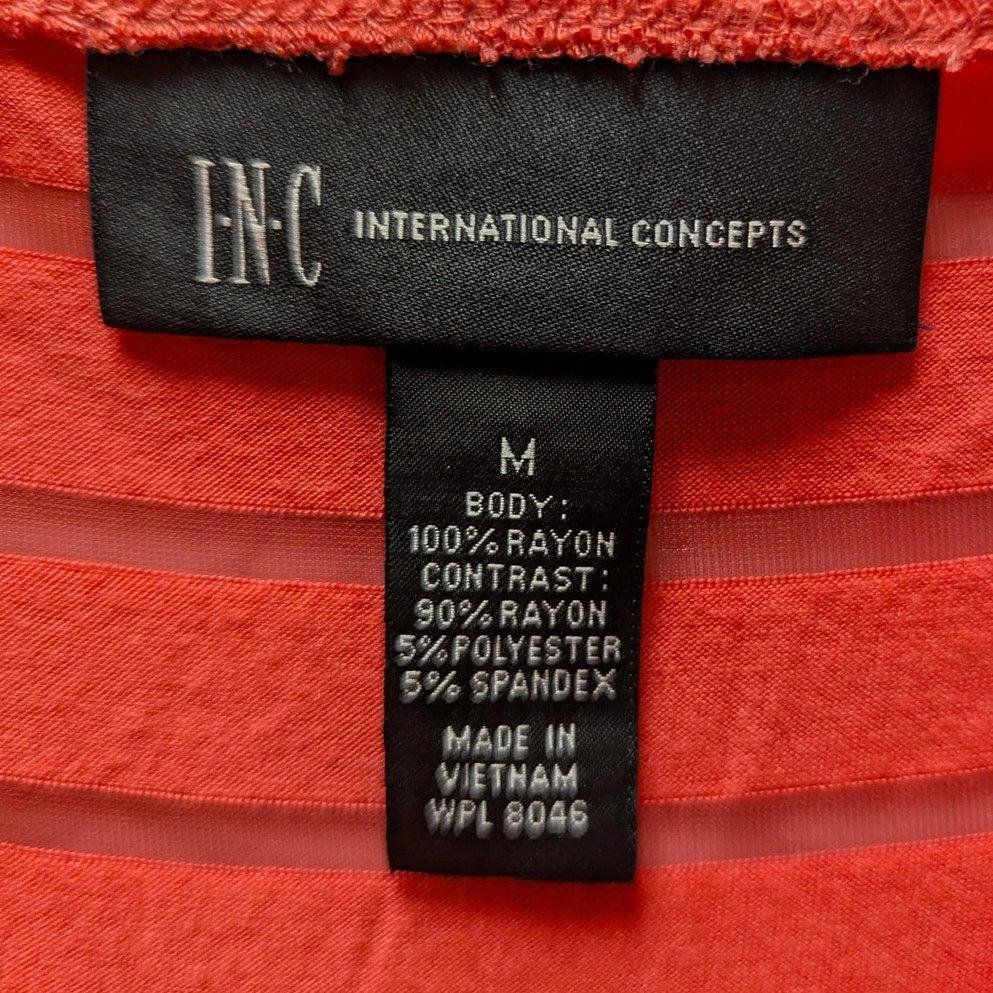 INC Concepts Coral Red Mesh Illusion Pleated Short Sleeve Top Size Medium