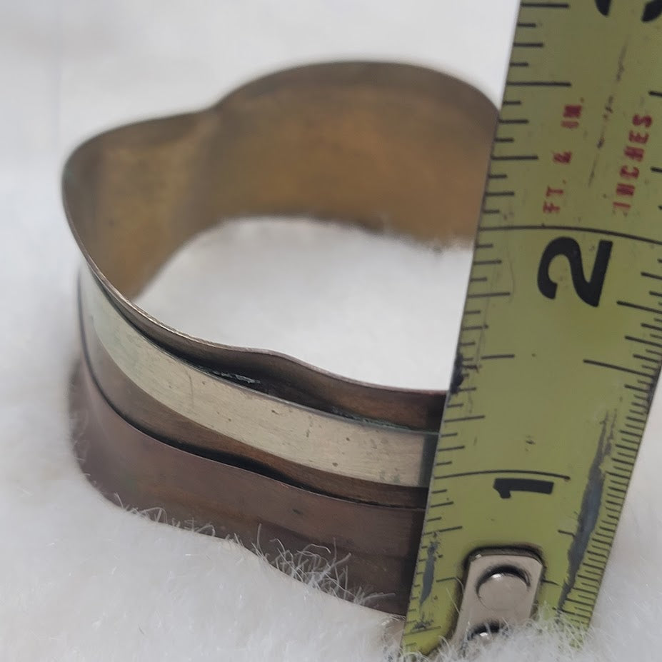 Vintage Brutalist Mixed Metal Ripple Cuff Bracelet Brass Copper Silver Tone