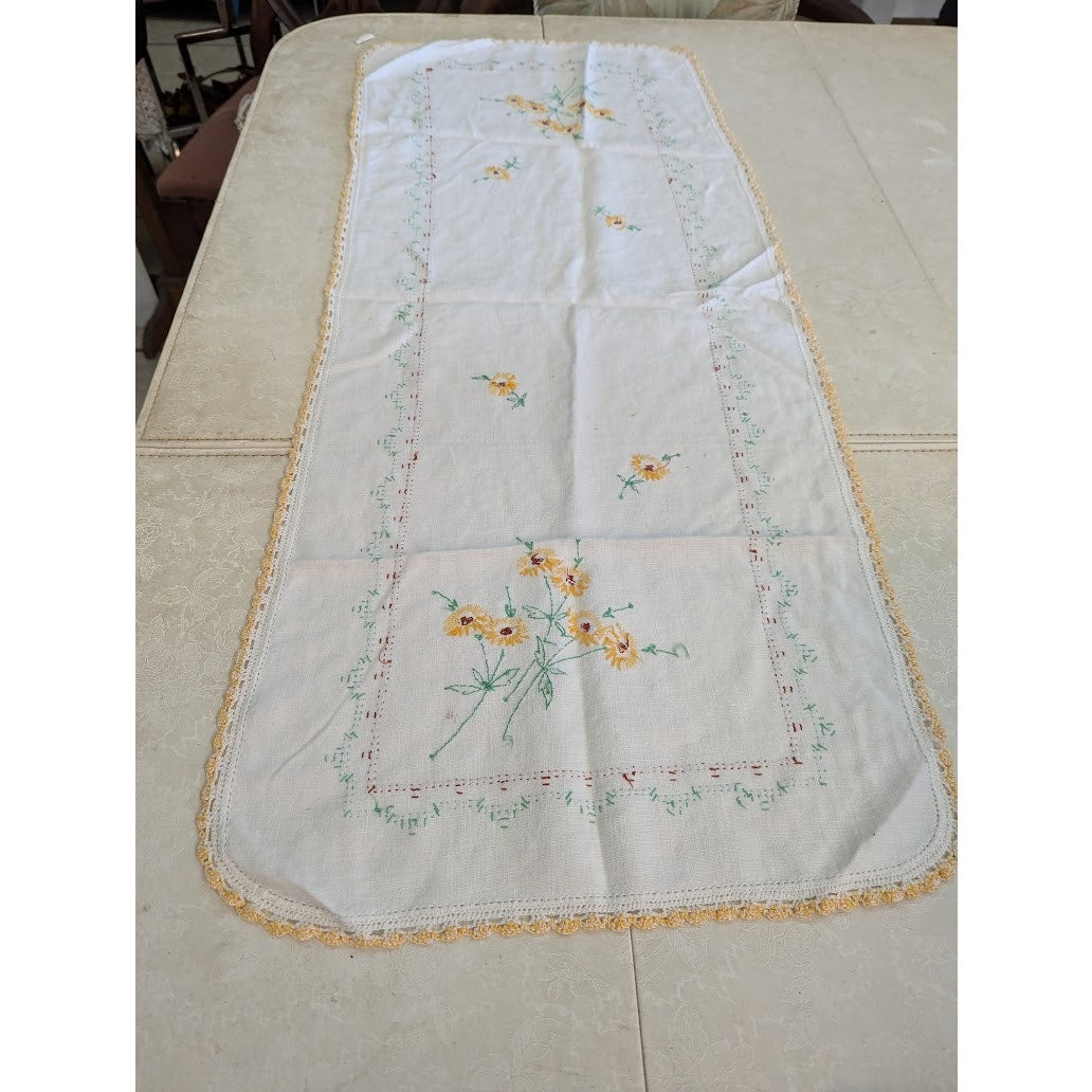 Vintage hand embroidered table runner with hand stiched edge Daisies Flowers