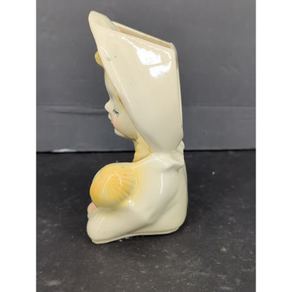 Vintage Ceramic Girl Bonnet Doll Head Vase Wall Pocket Figurine Headvase