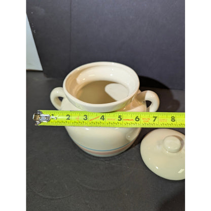 5 1/2" tall  vintage McCoy Pottery bean pot Stonecraft pink blue dinnerware