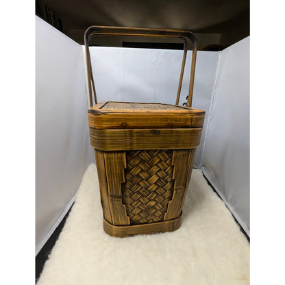 Vintage Bamboo Rattan Box Purse Top Handle Woven Sewing Basket Lunch Pail 70's
