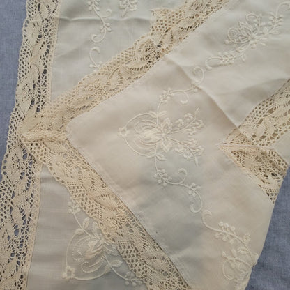 Vintage Linens 70s Tablecloth Hand Embroidery Detail 36" x 36" SQUARE Cream Lace