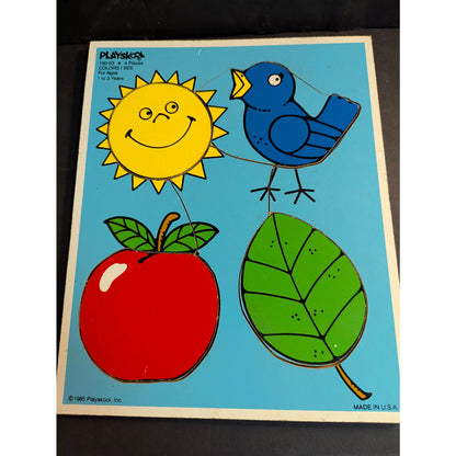 Vintage 1985 Playskool Wood Inlay Tray 1-3 yr old Puzzle Sun Bird Apple Leaf USA
