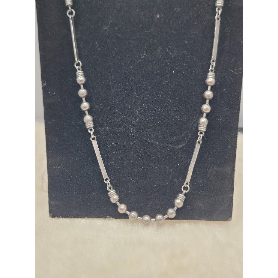 Vintage Silver 19" Beaded Station Long Layering Necklace Minimalist Modernist
