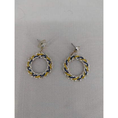 Vintage Silver Tone Blue Yellow Braided Hoop Dangle Earrings